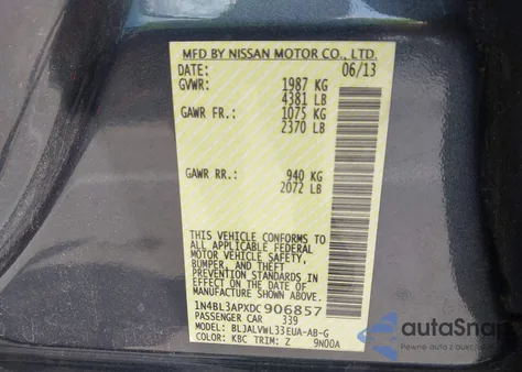 2013 Nissan Altima 3.5 Sl из США, поврежденный, VIN 1N4BL3APXDC906857